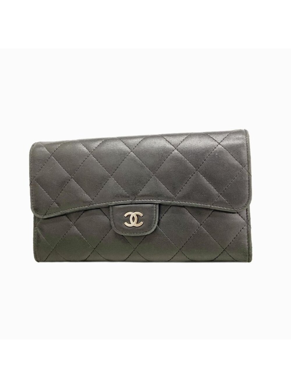 Chanel Trifold Wallet Quilted Lambskin Black Silver